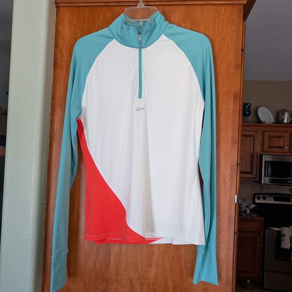 Reebok Quarter-Zip Long Sleeve Top in Teal, White & Red